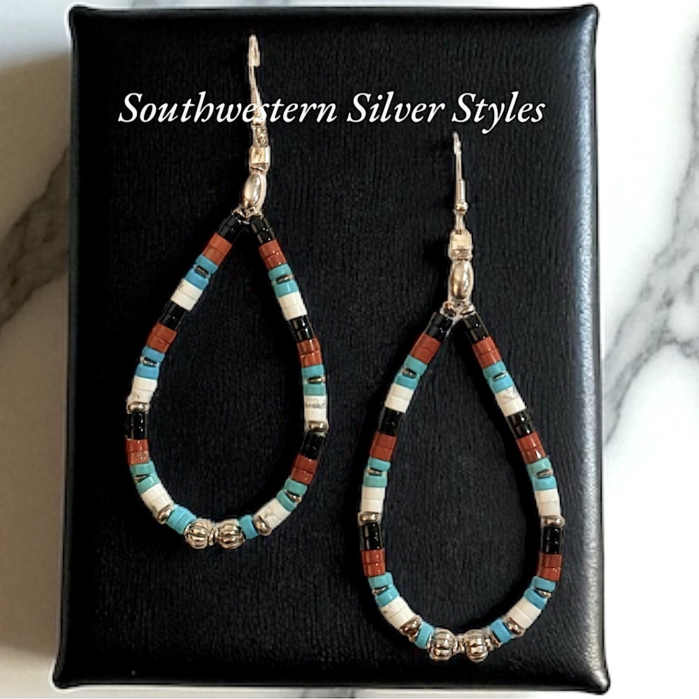 Vintage Southwestern Navajo Tribal Style Turquoise Onyx Sterling Silver Earrings